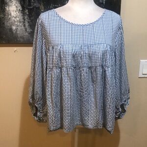 MAX Studio Blue and White Cropped Puffed Sleeved Oversized Peasant Top-M